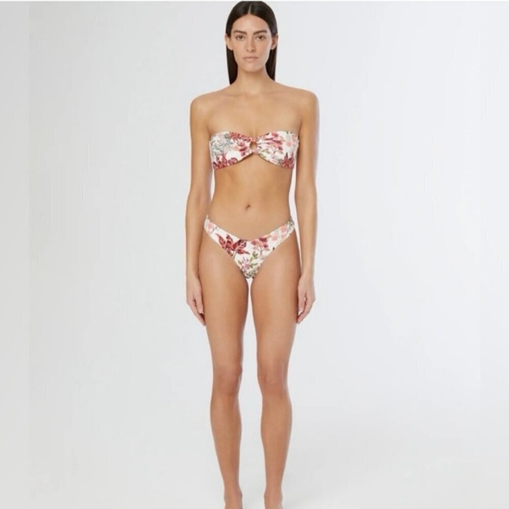 Onia Luna Floral Print Bandeau Bikini Set Cutout Detail White Pink Red EUC XS